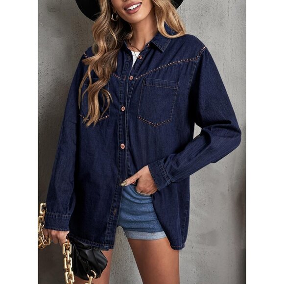 Women's Denim Shirt Long Sleeves Button Down V Neck Denim Jacket Sail Blue - Picture 4 of 5